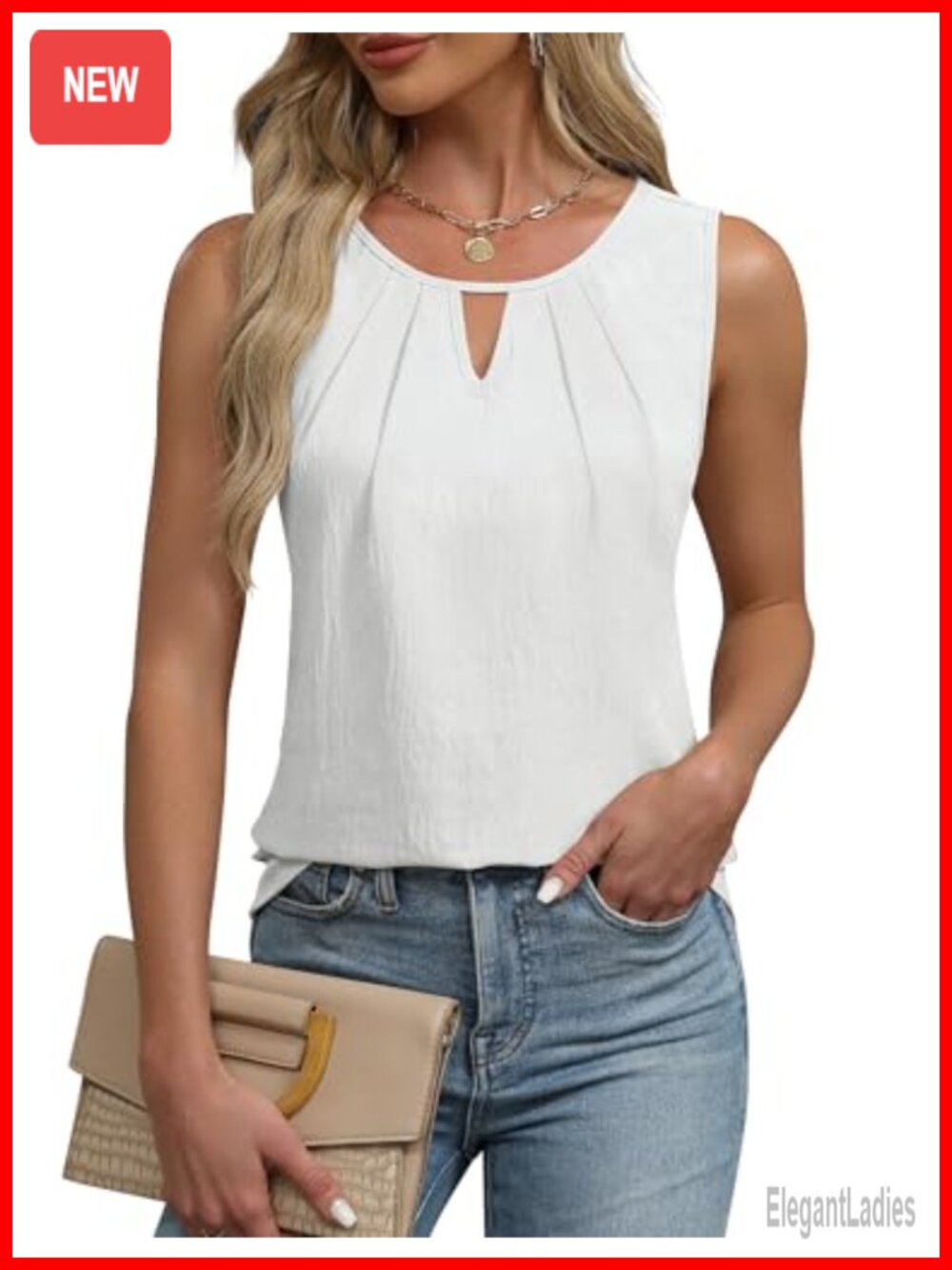 Sleeveless Tank Top Business Casual Work Blouse Keyhole Pleated Loose Fit
